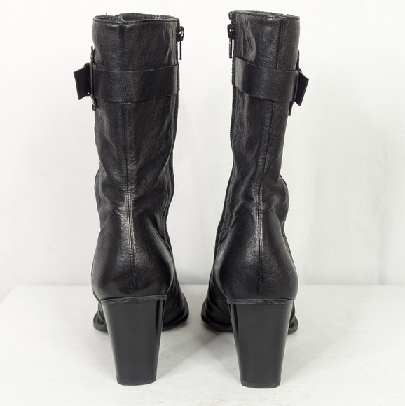 Stuart Weitzman Black Leather Heeled Midcalf Moto Boots - Picture 6 of 9